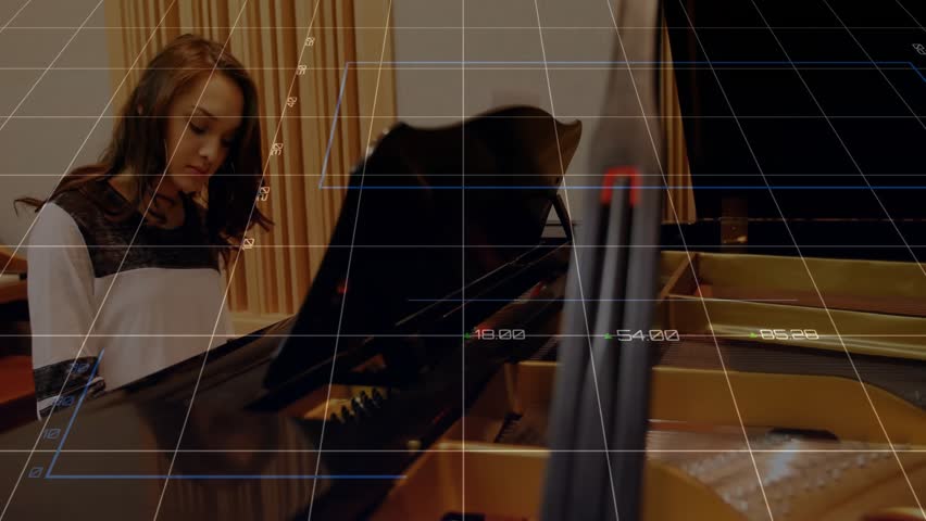 Glancing at sheet music, pianist performing piano while data charts shifting in music education. Classical, musician, performance, audio, artistic, education, creative