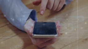 Hand holding smartphone above desk while finger tapping and sliding demonstrating digital overlay. Technology, innovation, user interface, cybersecurity, digital art, modern, workspace - Powered by Shutterstock - Get 15% off with code: PIKWIZARD15