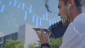 Man pressing smartphone control while analyzing financial data and animating chart along sidewalk. Technology, finance, mobile, urban, professional, data, analysis - Powered by Shutterstock - Get 15% off with code: PIKWIZARD15