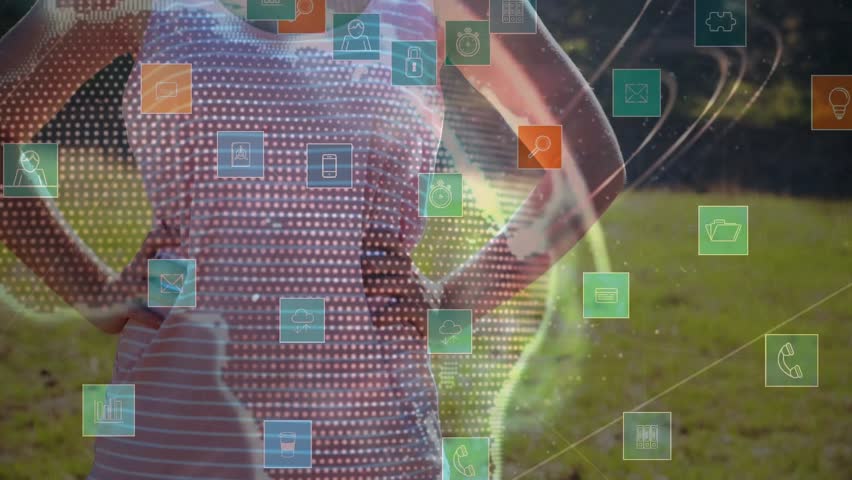 Mesh silhouette powering up into real woman in field with drifting data icons, rotating globe. Technology, innovation, connectivity, artificial intelligence, digital, outdoor, motivational - Powered by Shutterstock - Get 15% off with code: PIKWIZARD15