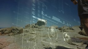 Male runner taking first strides uphill on rocky slope, tracking fitness with AR dials and charts. Adventure, challenge, endurance, technology, visualization, outdoor, motivation - Powered by Shutterstock - Get 15% off with code: PIKWIZARD15