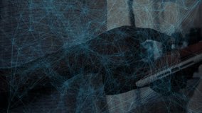 Man steadying tablet tapping corner in gym swiping screen with mesh overlay for viewing metrics. Technology, fitness, digital, innovation, modern, health, data - Powered by Shutterstock - Get 15% off with code: PIKWIZARD15