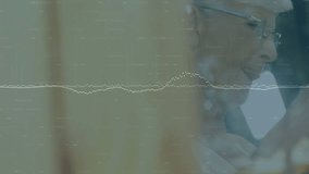 Senior woman receiving tech call on smartphone while writing on tablet with stylus and waveform. Elderly, communication, technology, lifestyle, modern, introspective, leisure - Powered by Shutterstock - Get 15% off with code: PIKWIZARD15