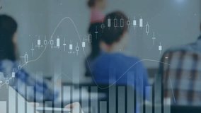 Instructor gesturing board starting candlestick bar charts while students analyzing education data. Education, learning, classroom, infographic, analysis, mentorship, training - Powered by Shutterstock - Get 15% off with code: PIKWIZARD15