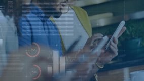 Coworkers tapping devices initiating business data overlays shifting bar charts into world map. Collaboration, analytics, teamwork, digital interface, modern workspace, data visualization, business - Powered by Shutterstock - Get 15% off with code: PIKWIZARD15