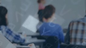 Teacher calling student reading notes as digital map and data points overlaying education classroom. Education, classroom, learning, instruction, students, academic, technology - Powered by Shutterstock - Get 15% off with code: PIKWIZARD15