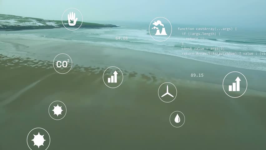 Drone panning coastal scene initiating icons fading and updating values for real-time data display. Environmental monitoring, sustainability, data visualization, oceanic, renewable energy, climate