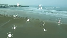 Drone panning coastal scene initiating icons fading and updating values for real-time data display. Environmental monitoring, sustainability, data visualization, oceanic, renewable energy, climate - Powered by Shutterstock - Get 15% off with code: PIKWIZARD15