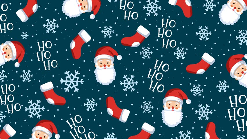 4K looping Christmas animation with Santa, stockings, and snowflakes on dark blue background. Perfect for festive video backdrops, holiday greetings, digital ads, and social media posts.