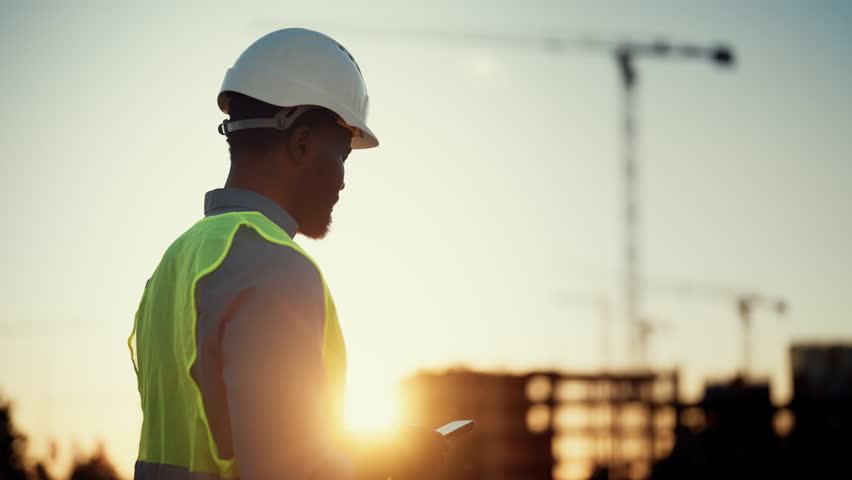 Engineer on construction site, black man using smartphone, typing message. African american male person standing against architectural engineering, development building in city, silhouette portrait