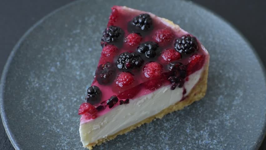 Pie, cheesecake with raspberries and blackberries, mascarpone cheese. Piece of cheesecake, sweet dessert with berries