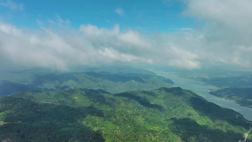 Aerial view on the Danube river and mountains in Djerdap National Park, Serbia Romania border, panorama 4k