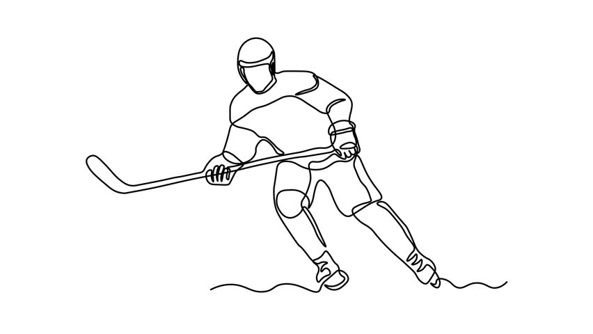 Abstract faceless ice hockey player with a stick. Self drawing animation one continuous line draw, logo on white background