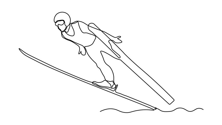 Abstract faceless skier on skis jumps off a ski jump. Self drawing animation one continuous line draw, logo on white background