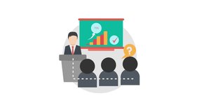 A business presentation meeting with a speaker at a podium and an audience watching charts on a screen, symbolizing growth and success. - Powered by Shutterstock - Get 15% off with code: PIKWIZARD15