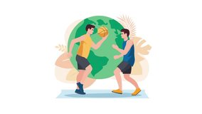 Two basketball players compete in front of a globe, symbolizing the global reach and unifying power of sports. - Powered by Shutterstock - Get 15% off with code: PIKWIZARD15