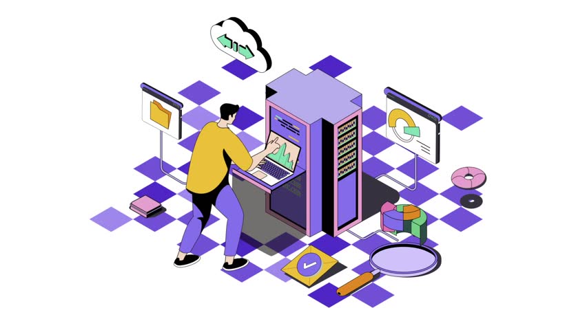 Isometric illustration of a man engrossed in an arcade game, with server infrastructure and various digital icons in a vibrant, checkered environment.