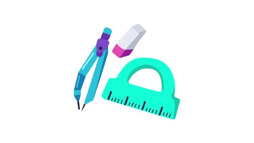 A set of school supplies including a compass, eraser, and ruler on a white background.