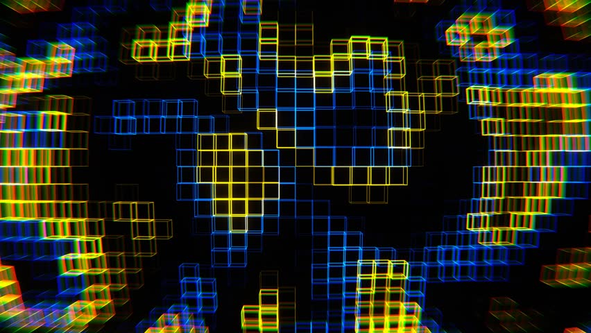 Blue and Yellow Neon Cubic Frame Waves Background VJ Loop in 4K
