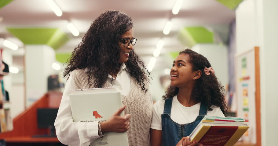 Teacher, child and smile in library with tour, surprise and preparation for test questions and education. Tutor, guide and support with girl for learning, wow and excited for exam or knowledge help
