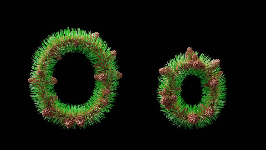 3D animation of uppercase and lowercase letter O styled from pine needles with cones, alpha channel. Winter decorative alphabet symbol for New Year, holiday posters, and Christmas invitations.