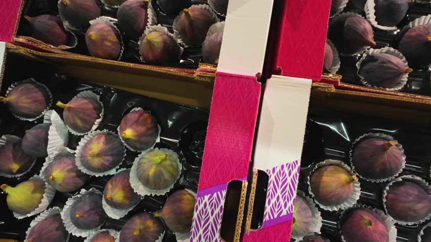 Cardboard boxes of fresh figs, arranged in individual trays, at the supermarket.