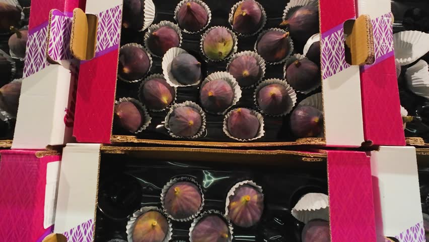 Cardboard boxes of fresh figs, arranged in individual trays, at the supermarket.