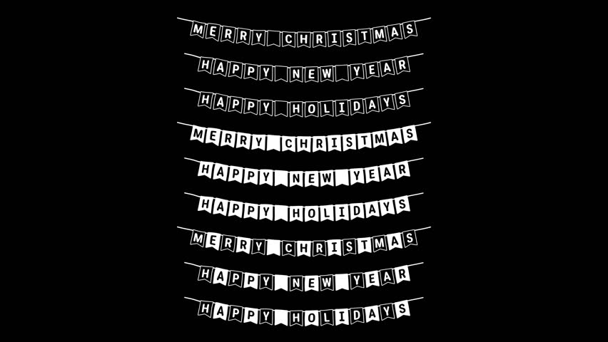 Merry christmas, happy new year and happy holidays bunting flag scribble animated on transparent background. White doodle decoration flags motion graphic with alpha channel. Festival, party.