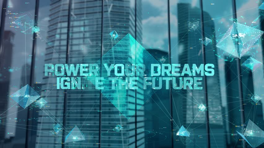 Power Your Dreams Ignite the Future. Businessman Working in Office among Skyscrapers.