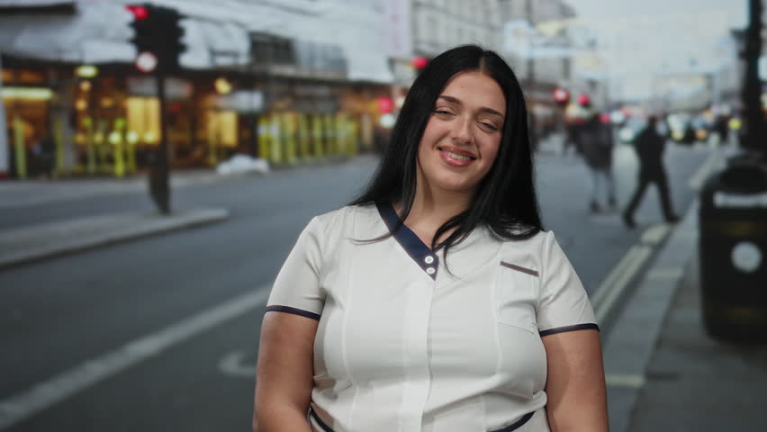 Woman smiling on city street, plus size long hair curvy beauty in urban outdoor setting, showcasing confidence and joy in bustling metropolitan environment.