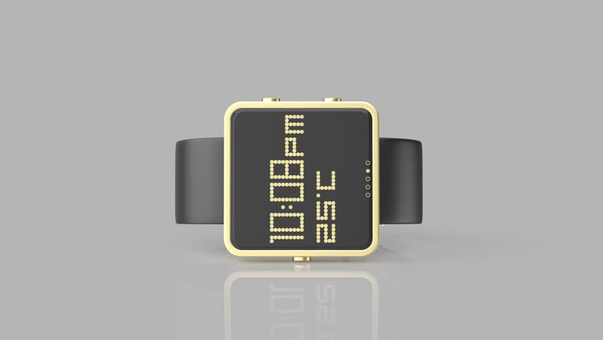 Gold square smartwatch with black leather strap on shiny grey background