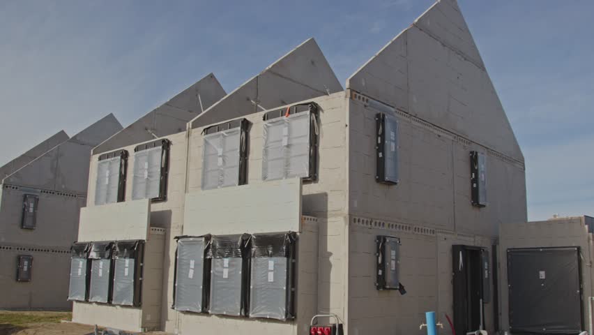 Beautiful tilt down of new homes under construction on a sunny day in a newly developed suburban neighborhood
