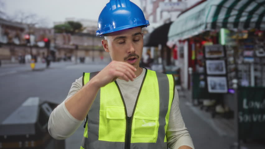 Young man in reflective vest and hardhat wiping sweat outdoors on city street, conveying fatigue and heat during a sunny day.
