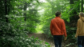 Couple or friends walking and talking in a green forest or park with mist and lush tree branches - Powered by Shutterstock - Get 15% off with code: PIKWIZARD15