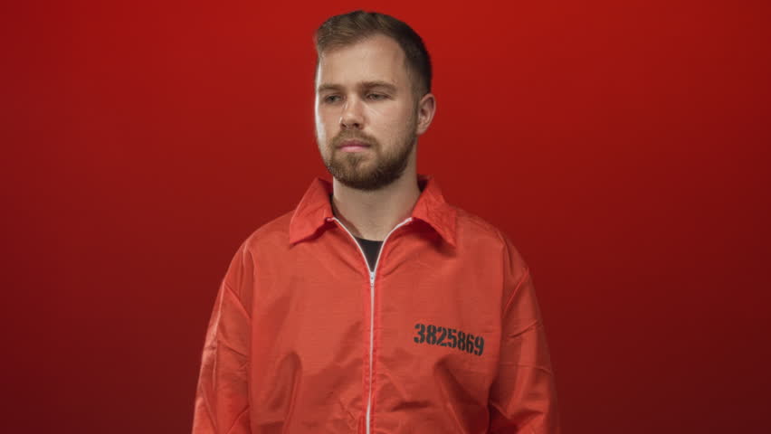 Prisoner man in orange jumpsuit, open palms gesture, numbered chest visible in studio; uncertainty isolation.