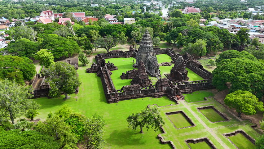 Drone footage aerial view of Phimai Historical Park. the ancient stone temple structures from the Khmer empire. Nakhon Ratchasima, Thailand
