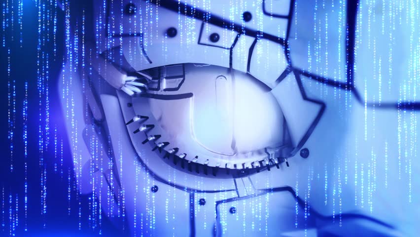 Cyber Digital robot glowing eye Artificial intelligence. Sci fi science fiction cinematic. Eye scanner. cyber eye circuit board future technology Developer working program codes office. Source code. - Powered by Shutterstock - Get 15% off with code: PIKWIZARD15