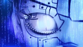 Cyber Digital robot glowing eye Artificial intelligence. Sci fi science fiction cinematic. Eye scanner. cyber eye circuit board future technology Developer working program codes office. Source code. - Powered by Shutterstock - Get 15% off with code: PIKWIZARD15