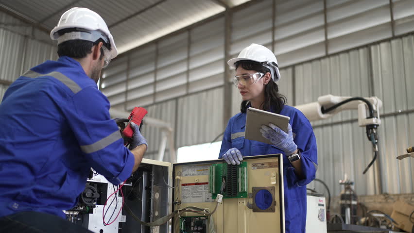 Blue collar workers at machine shop with welding robot arm. Factory and machinery. - Powered by Shutterstock - Get 15% off with code: PIKWIZARD15