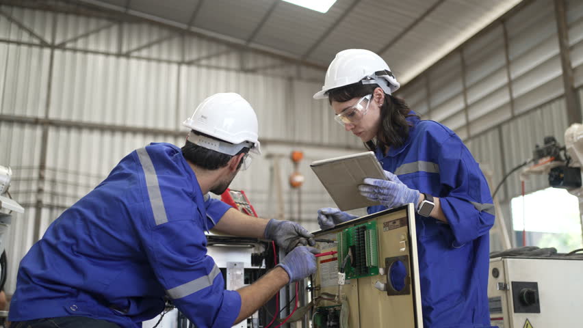 Blue collar workers at machine shop with welding robot arm. Factory and machinery.