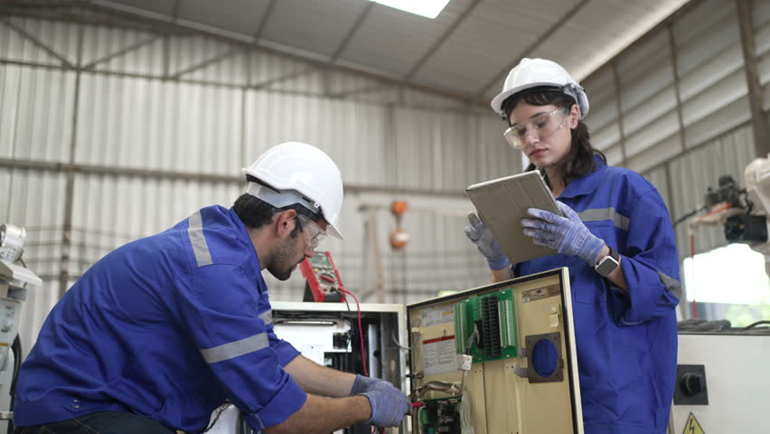 Blue collar workers at machine shop with welding robot arm. Factory and machinery. - Powered by Shutterstock - Get 15% off with code: PIKWIZARD15