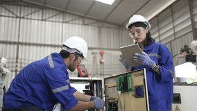 Blue collar workers at machine shop with welding robot arm. Factory and machinery. - Powered by Shutterstock - Get 15% off with code: PIKWIZARD15