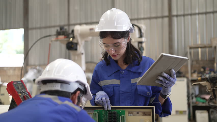 Blue collar workers at machine shop with welding robot arm. Factory and machinery.