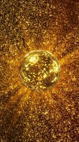 Golden disco ball sparkling bright lights, confetti, particles dark background. Disco ball, balloon, party, celebration music broadcast TV, night clubs glamour fashion events, jazz, pops, disco party