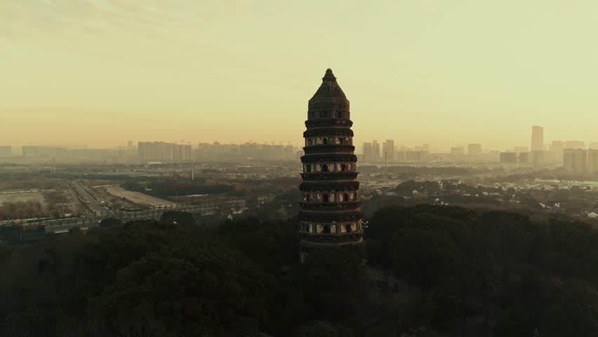 Aerial view of Tiger Hill (Huqiu) Pagoda in city of Suzhou in Jiangsu, China