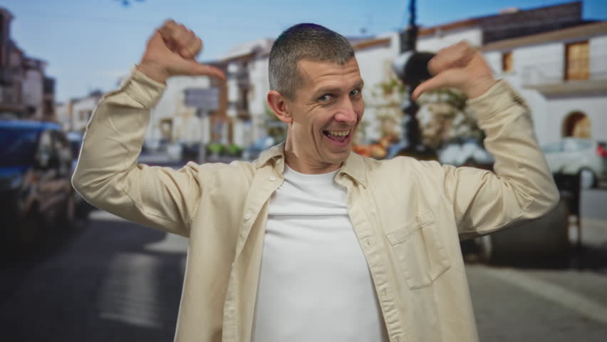 Man smiling on a lively street outdoors with thumbs up in a casual shirt against a backdrop of urban buildings and parked cars.
