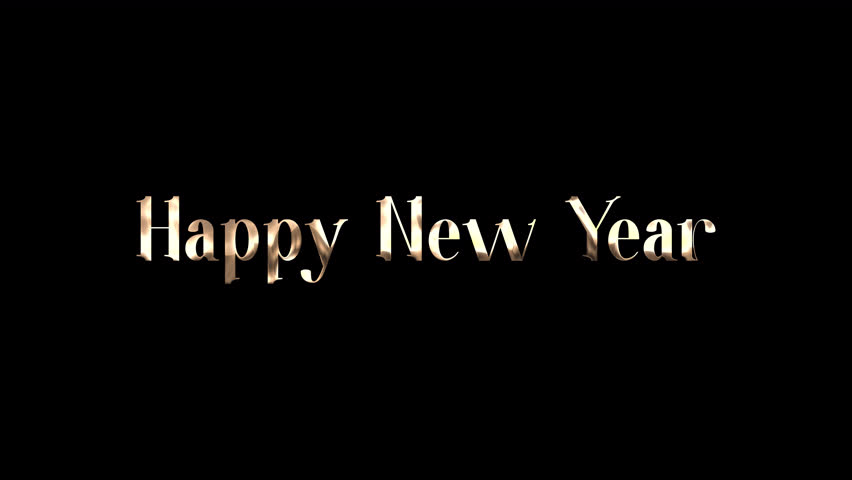Golden metallic Happy New Year text shatters into glowing fragments on transparent background, a festive dispersion effect for holiday greetings. 4K video
