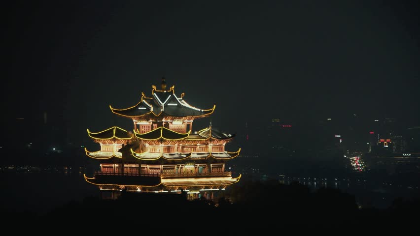Chenghuangge Pavilion aerial night view in Hangzhou in Zhejiang province in China