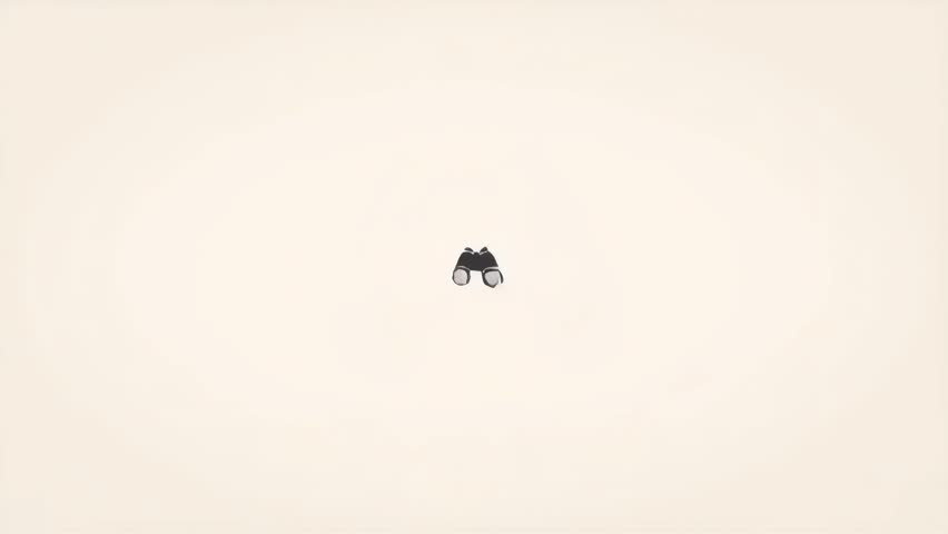 A simple graphic illustration of a pair of black binoculars on a light background.