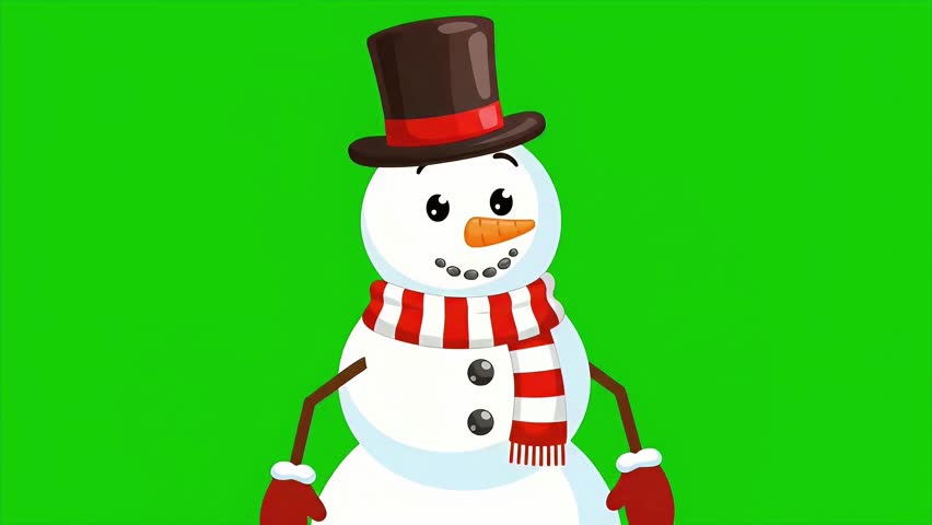 A cheerful snowman wearing a top hat, red and white striped scarf, and red mittens, standing against a vibrant green screen background.